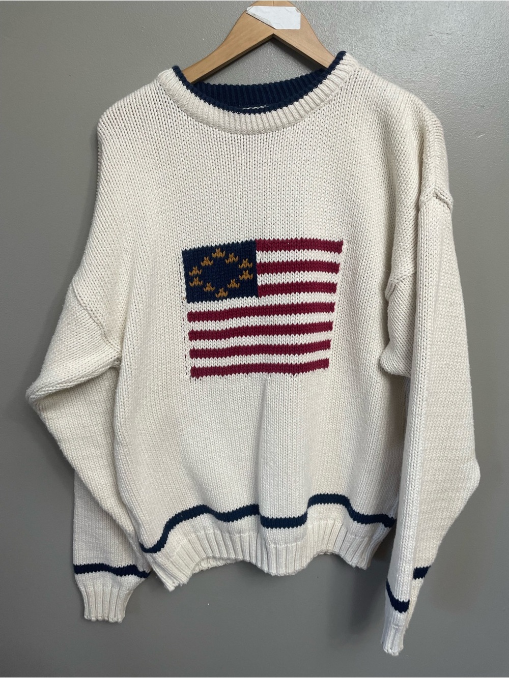 Vintage Knit American Flag Chunky Crew Sweater Large 90s oversized